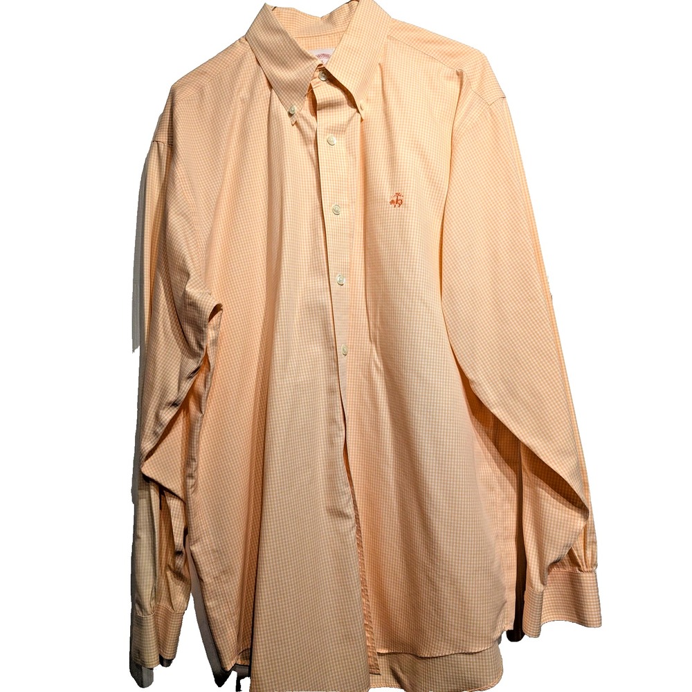 Brooks Brothers 346 Shirt Men L Orange/Peach Gingham Button Non Iron Cotton Logo